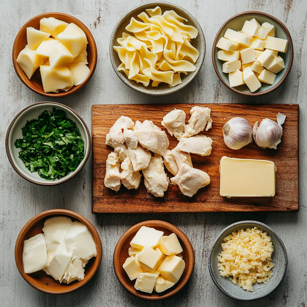 Chicken with Buttered Noodles Recipe: Irresistible Comfort Feast 2 Ingredients displayed for Chicken with Buttered Noodles Recipe including raw chicken, egg noodles, fresh parsley, garlic, and butter