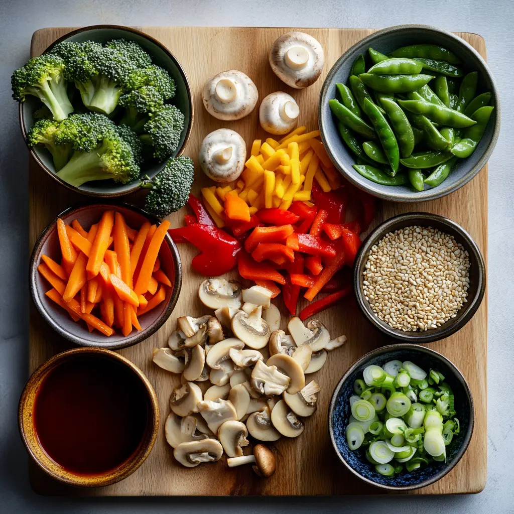 Vibrant Chicken with Mixed Vegetable Stir Fry ingredients laid out on a wooden board, including fresh broccoli, colorful bell peppers, green beans, sliced chicken breast, soy sauce, honey, and garlic, ready for cooking.