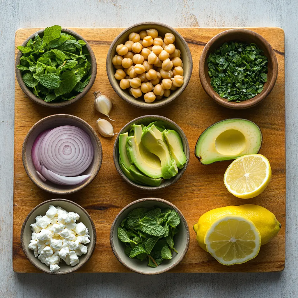 Chickpea Feta Avocado Salad: Irresistibly Delicious Recipe 2 Vibrant Chickpea Feta Avocado Salad ingredients laid out on a clean surface, ready for mixing