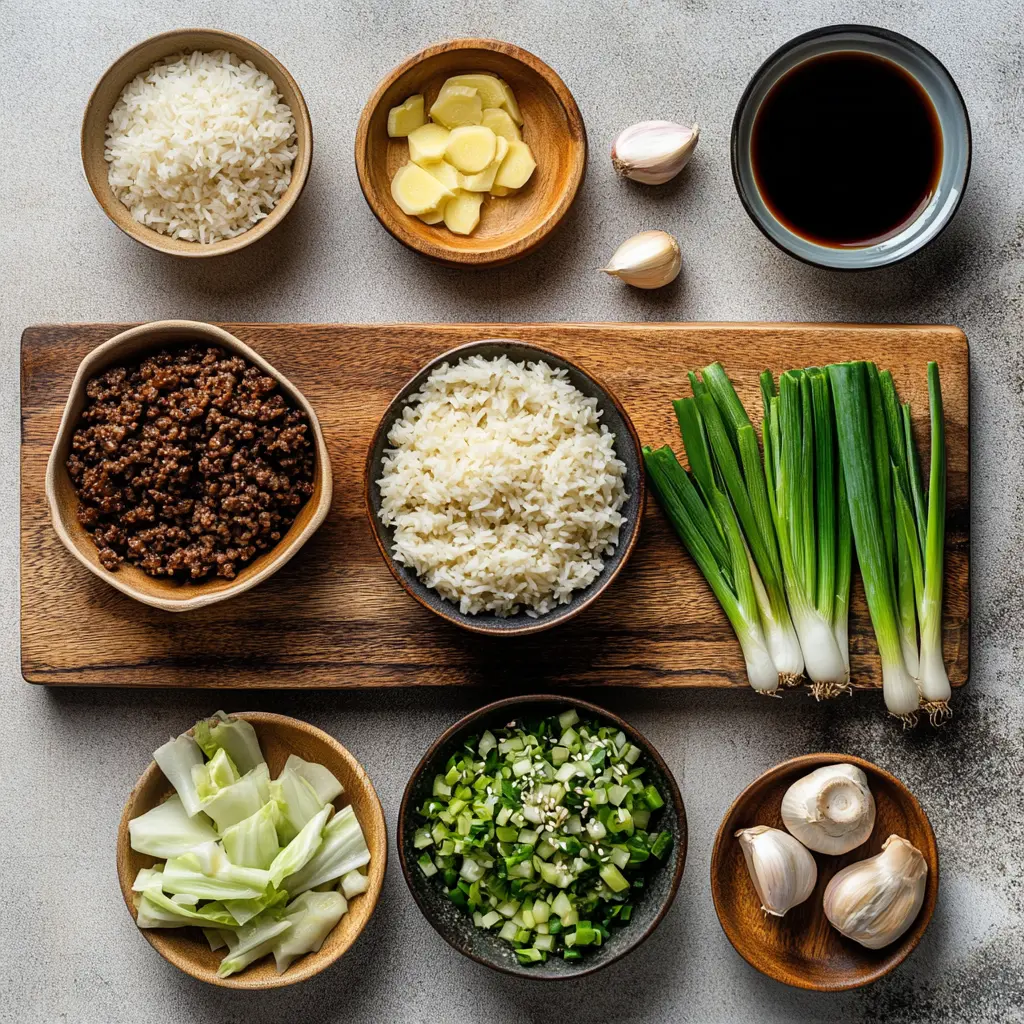 Chinese Ground Beef and Cabbage Stir-Fry: Try This Delicious Easy Recipe 2 An overhead shot showcasing fresh ingredients for Chinese Ground Beef and Cabbage Stir Fry: raw ground beef, finely sliced green cabbage, sliced shiitake mushrooms, chopped green onions, minced garlic, fresh ginger, and bottles of soy sauce, oyster sauce, and sesame oil.
