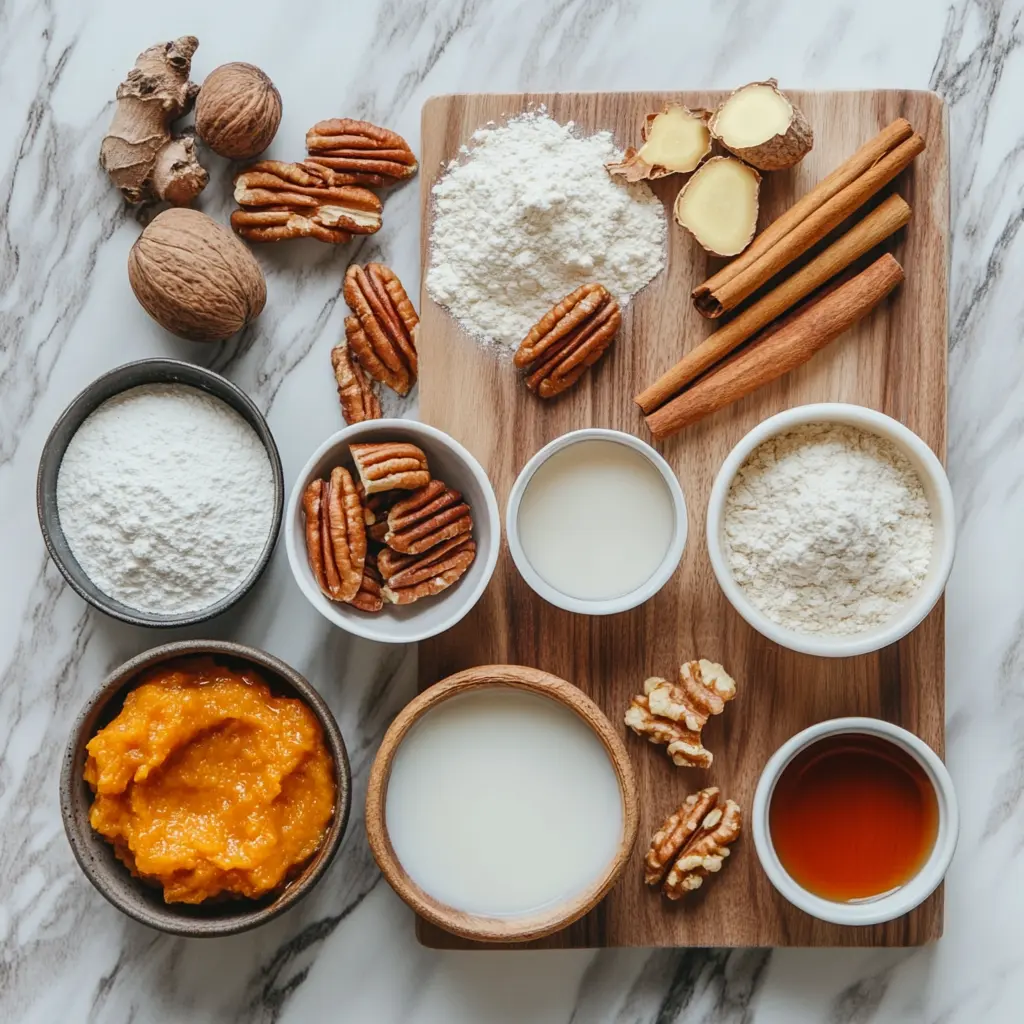 An overhead flat lay of key ingredients for Cinnamon Pumpkin Pancakes with Almond Milk, including canned pumpkin puree, a carton of almond milk, flour, a bowl of spices, and an egg on a wooden board.