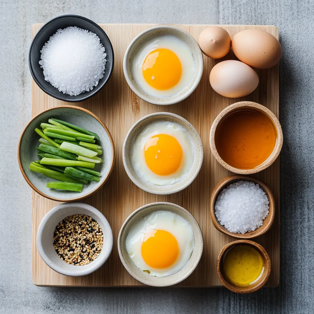 Ingredients for Classic Egg Drop Soup laid out: fresh eggs, chicken broth, cornstarch, sesame oil, white pepper, and green onions.