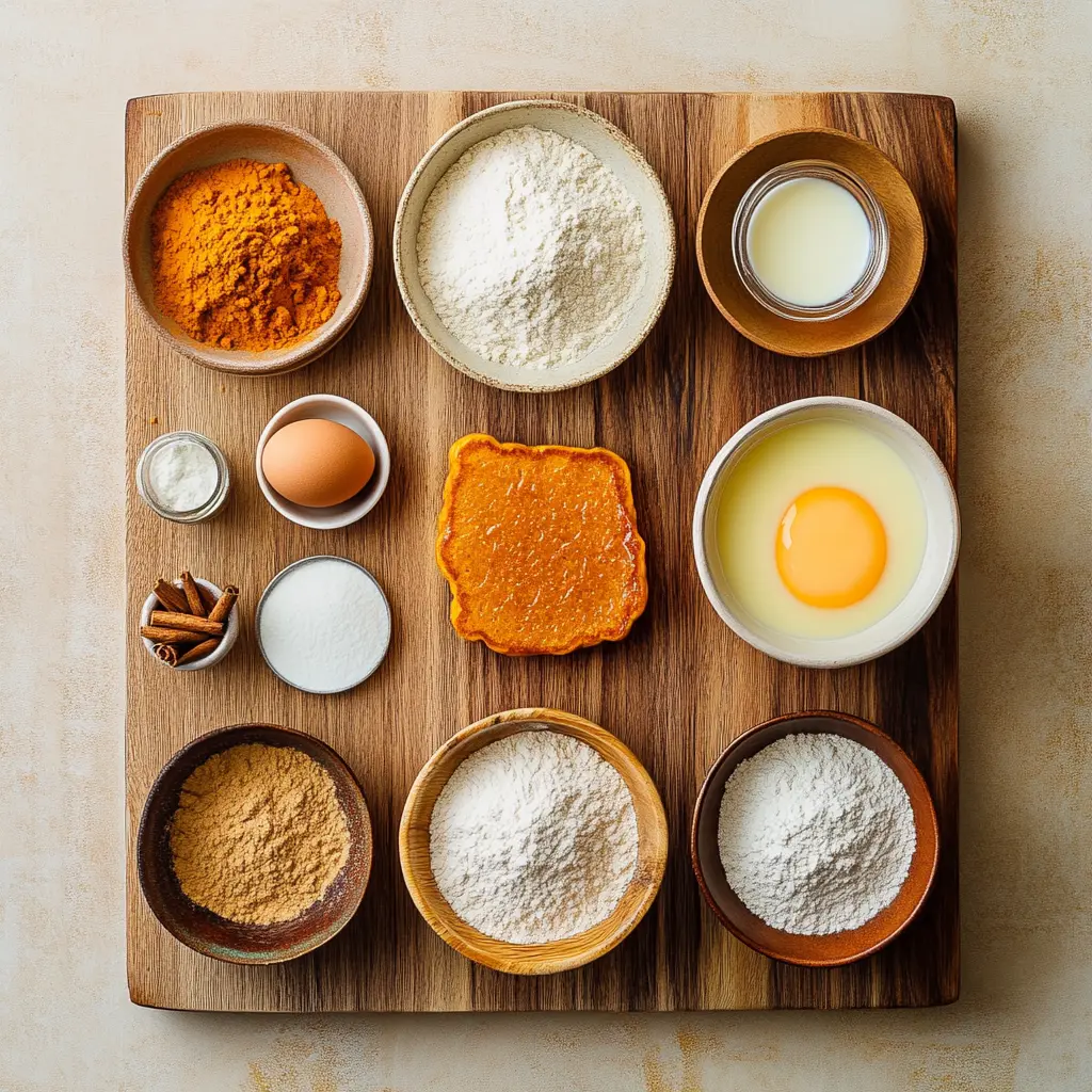 Classic Pumpkin Spice Pancakes: Delicious Fall Recipe 2 A flat lay photograph showcasing all the ingredients for Classic Pumpkin Spice Pancakes: flour, pumpkin puree, eggs, milk, butter, and a variety of autumn spices like cinnamon, nutmeg, and ginger, neatly arranged on a rustic wooden surface, ready for mixing.