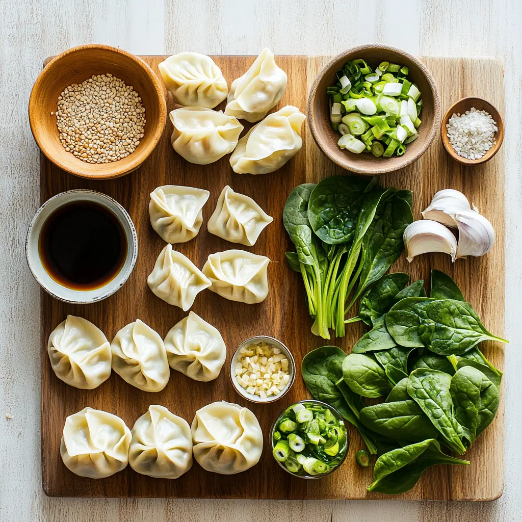 A spread of fresh ingredients for Comforting Potsticker Soup, including frozen chicken potstickers, fresh ginger, garlic, bok choy, green onions, chicken broth, low-sodium soy sauce, and toasted sesame oil.