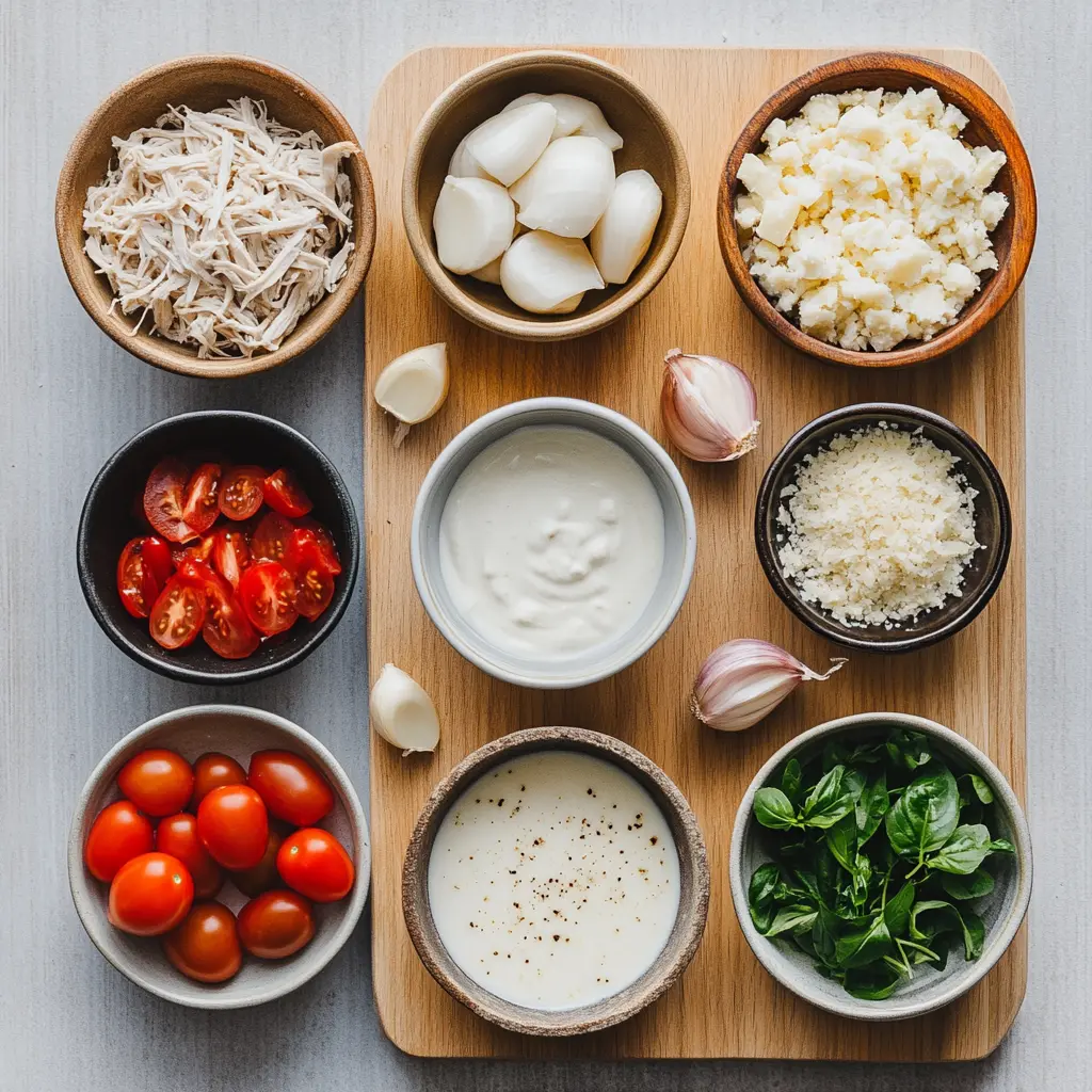 Creamy Chicken Parmesan Soup Easy and Irresistible Recipe 2 A beautifully arranged flat lay of key ingredients for Creamy Chicken Parmesan Soup, including shredded cooked chicken, diced tomatoes, heavy cream, fresh Parmesan cheese, garlic, onion, Italian seasoning, and chicken broth.