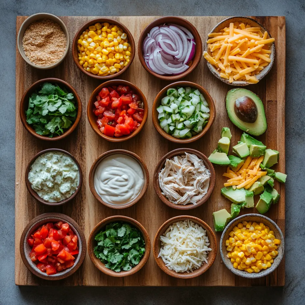 Ingredients laid out for creamy chicken tortilla soup including rotisserie chicken, heavy cream, canned tomatoes, beans, corn and Tex-Mex spices