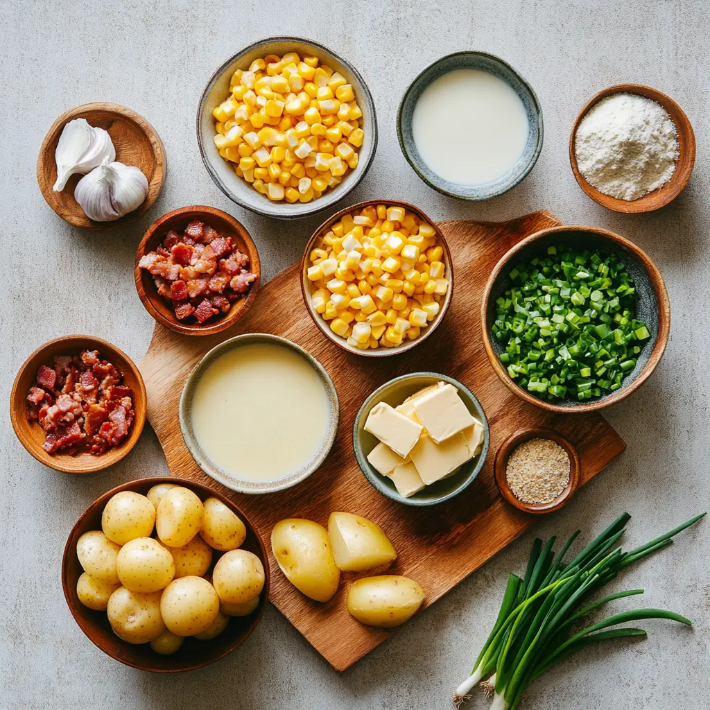 Top-down view of ingredients for creamy corn chowder with crispy bacon including potatoes, onions, bacon, corn, and cream