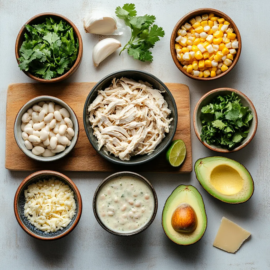 Creamy Crockpot White Chicken Chili A Delicious Recipe 2 Ingredients for Creamy Crockpot White Chicken Chili in a rustic setting, showcasing boneless chicken breasts, cans of white beans and green chilies, cream cheese, sour cream, and a bowl of spices on a wooden background.