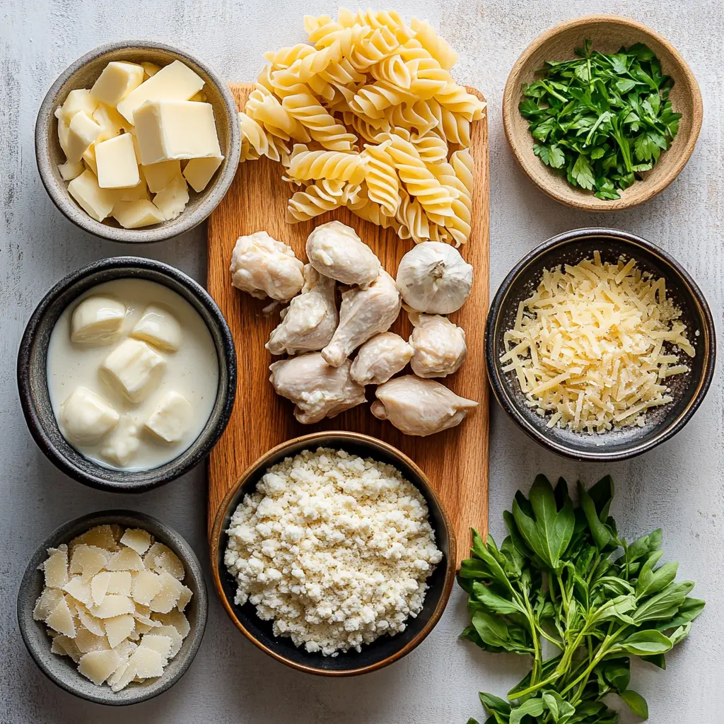 Creamy Garlic Parmesan Chicken Recipe for Easy Dinner Joy 2 A close-up of a skillet filled with golden-brown chicken breasts, creamy garlic parmesan sauce, and twisted rotini pasta, garnished with fresh parsley.