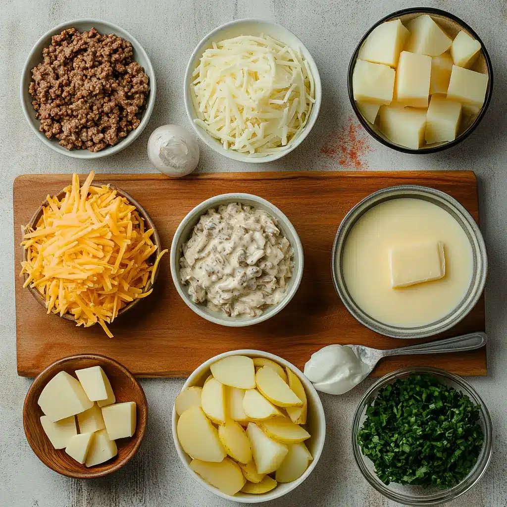 CREAMY HOBO CASSEROLE GROUND BEEF centered hero view, clean and uncluttered