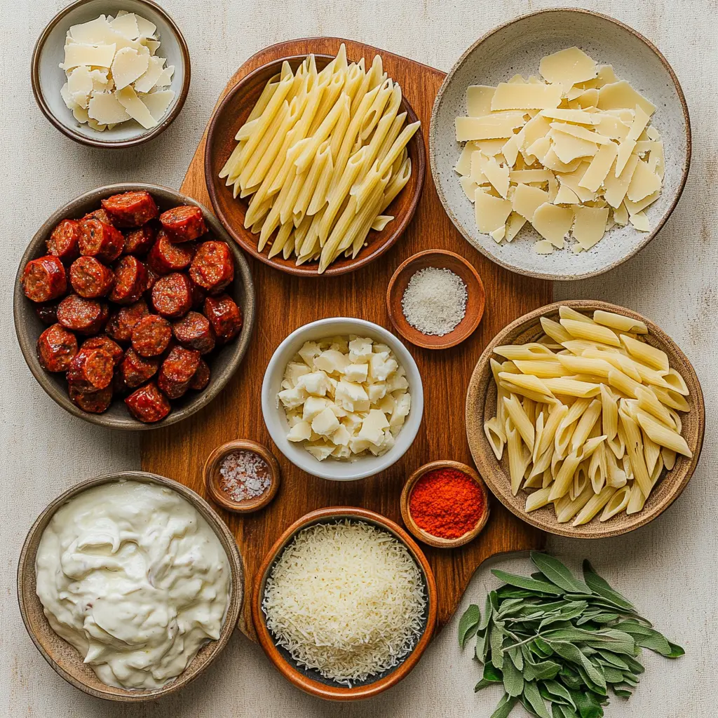 Overhead shot of all ingredients for creamy smoked sausage pasta laid out on a rustic wooden table: penne pasta, sliced smoked sausage, heavy cream, chicken broth, mozzarella cheese, onion, garlic, parsley, Italian seasoning, paprika, salt, and pepper.