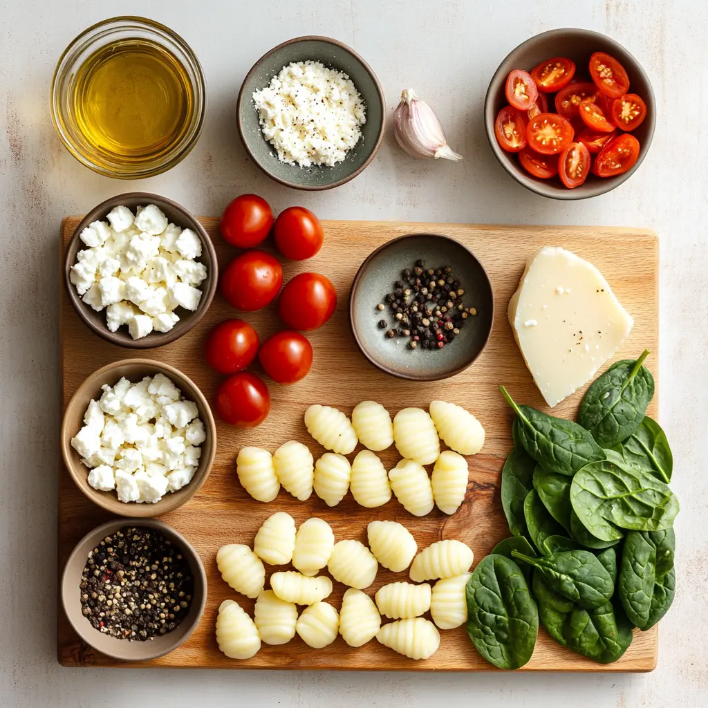 Golden-brown crispy gnocchi with vibrant spinach and crumbled feta cheese in a pan, a perfect quick weeknight meal.