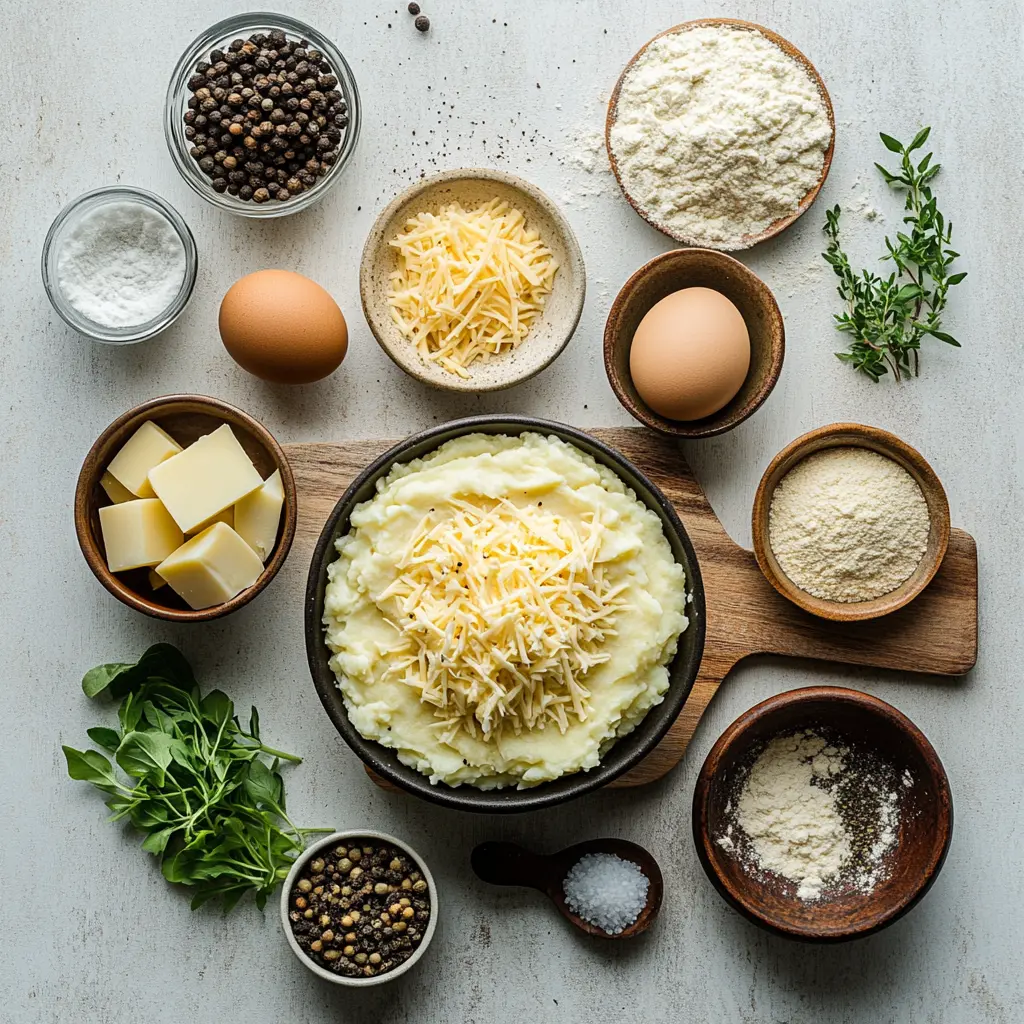 A flat lay of all the key ingredients for Crispy Mashed Potato Cheese Puffs, including cold mashed potatoes, shredded sharp cheddar cheese, eggs, breadcrumbs, and seasonings, neatly arranged on a rustic wooden board.