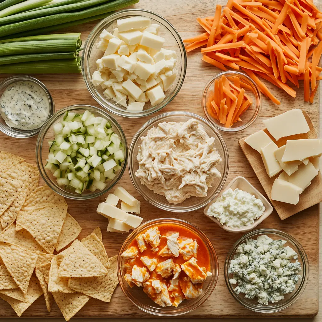 Ingredients laid out for Crockpot Buffalo Chicken Dip including shredded chicken, cream cheese, buffalo sauce, and shredded cheese