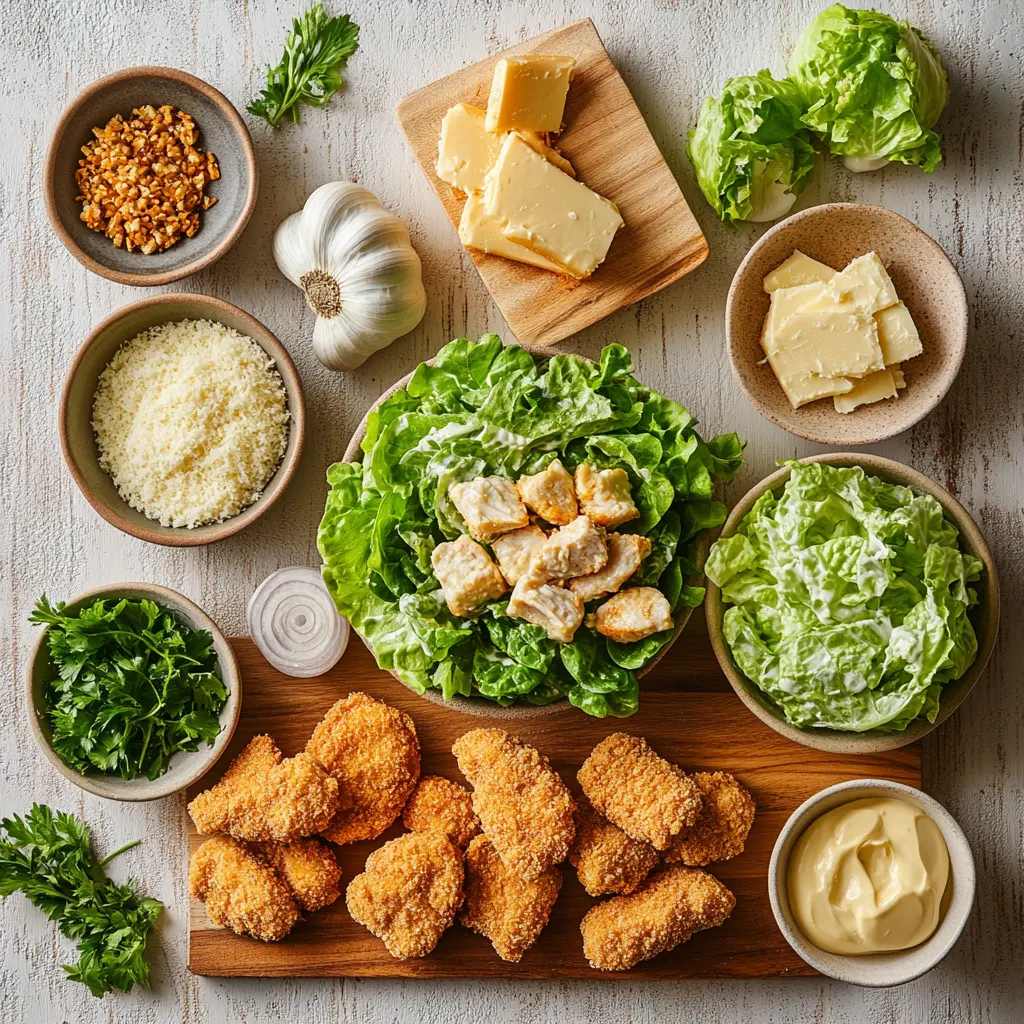 Close-up of fresh ingredients for Crunchy Chicken Caesar Sandwich laid out on a rustic wooden table: raw chicken tenderloins, crispy romaine lettuce, sub rolls, garlic, butter, parmesan cheese, and a bottle of Caesar dressing.