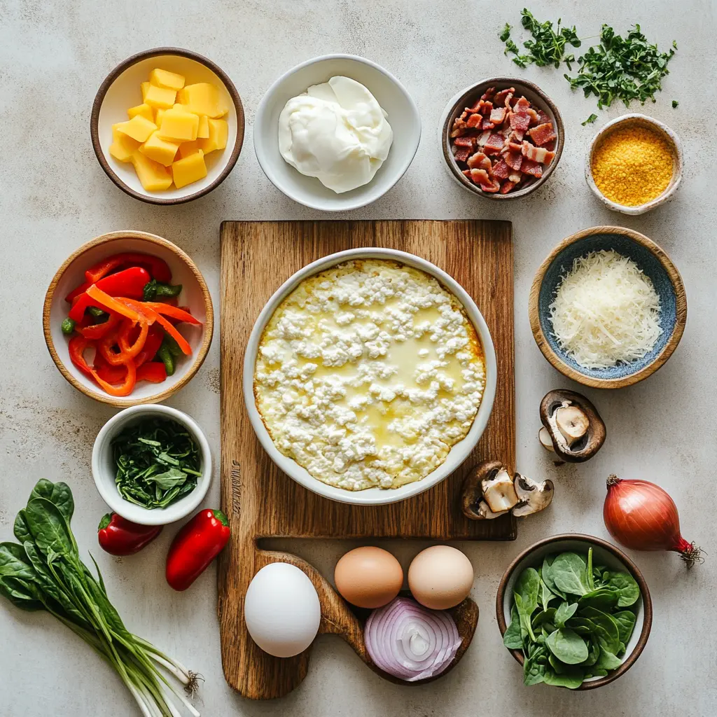Crustless Cottage Cheese Breakfast Quiche: Delicious Start 2 Top-down image of Crustless Cottage Cheese Breakfast Quiche ingredients laid out before baking, including eggs, cottage cheese, greens and cheese