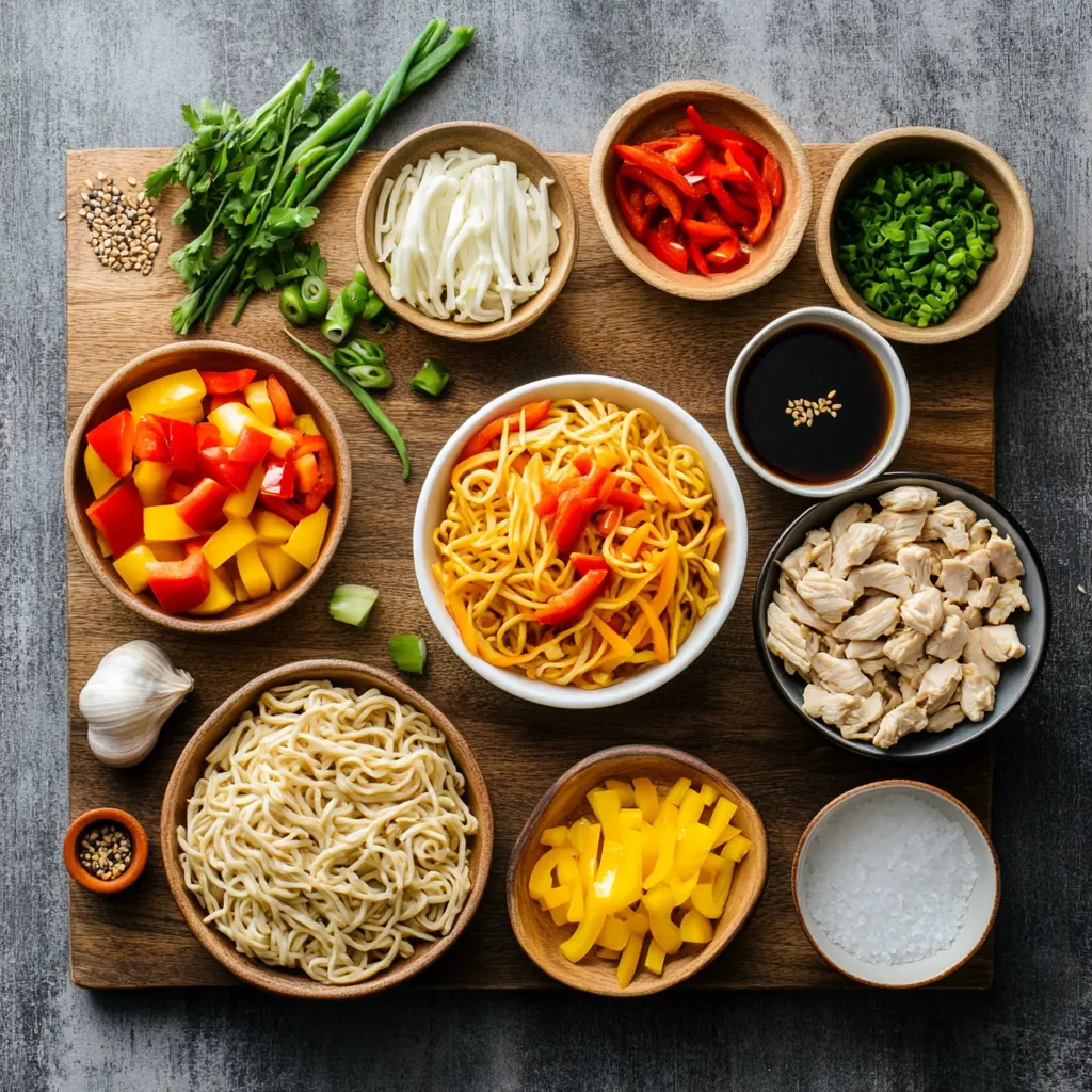 Close-up of fresh lo mein ingredients: tender chicken breast, colorful bell peppers, shredded carrots, and green onions, alongside bowls of soy sauce, sesame oil, and minced garlic, ready for cooking Delicious Chicken Lo Mein.