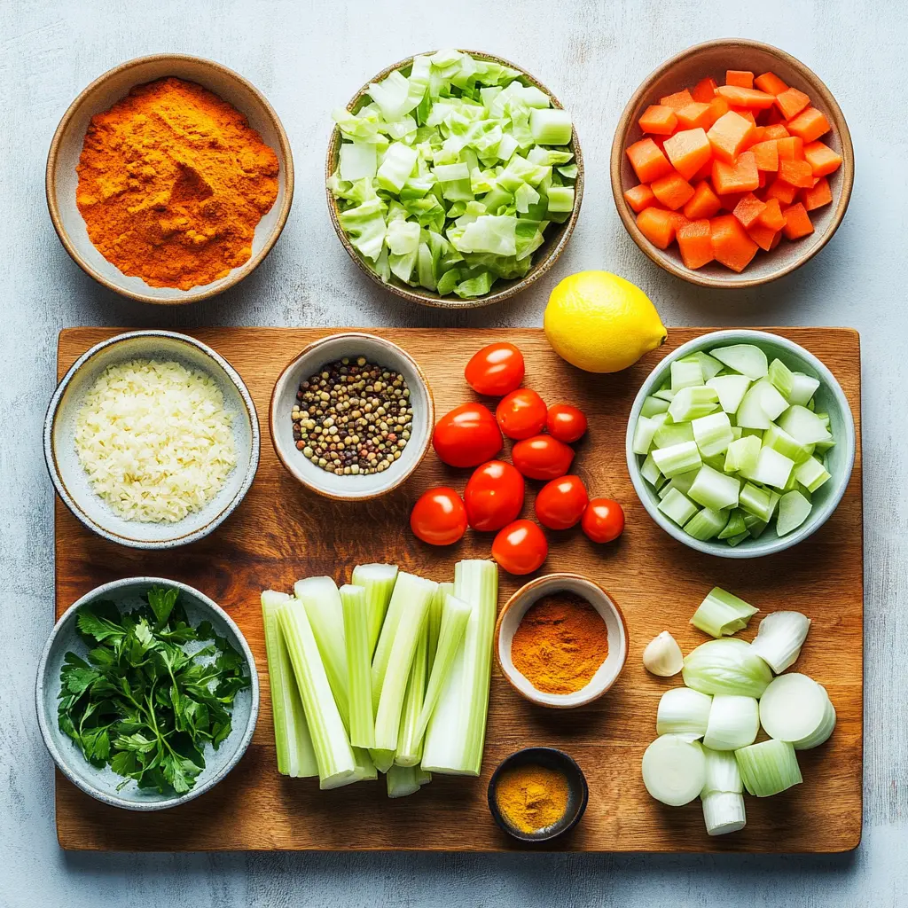 Ingredients for Detox Cabbage Soup arranged on a kitchen counter