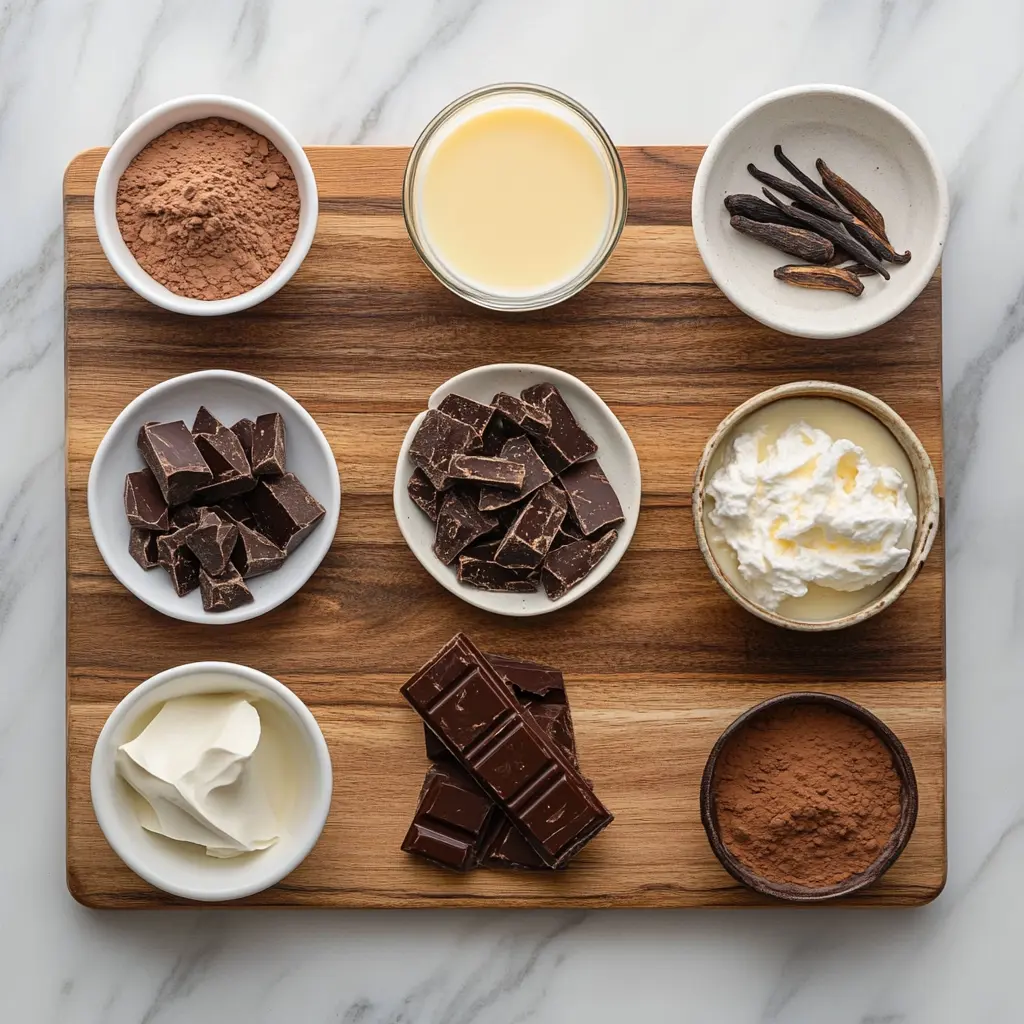 Arrangement of key ingredients for Disneyland's Hot Chocolate Recipe, including whole milk, heavy cream, cocoa powder, and chocolate, against a cozy background.