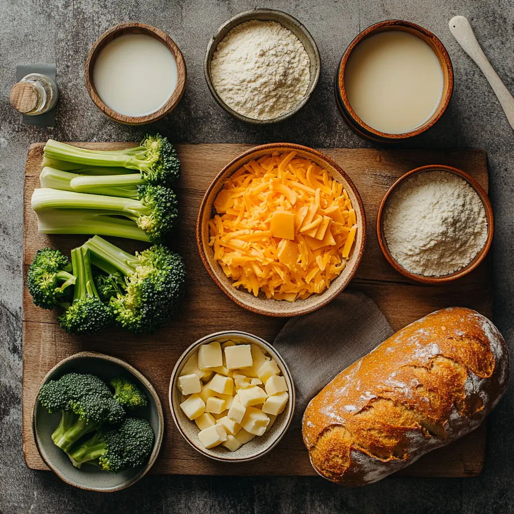 Close-up of a steaming bowl of homemade Easy Broccoli Cheddar Soup with fresh broccoli florets and melted cheddar cheese on top, served with crusty bread.