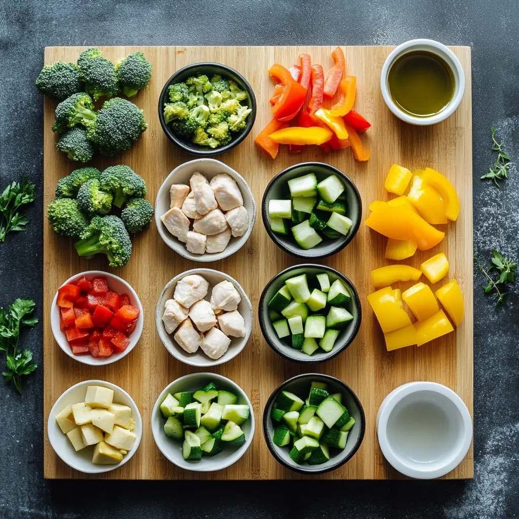 Ingredients for Easy Chicken and Vegetables Skillet Recipe including broccoli, bell peppers, zucchini, onion, and chicken arranged in prep bowls