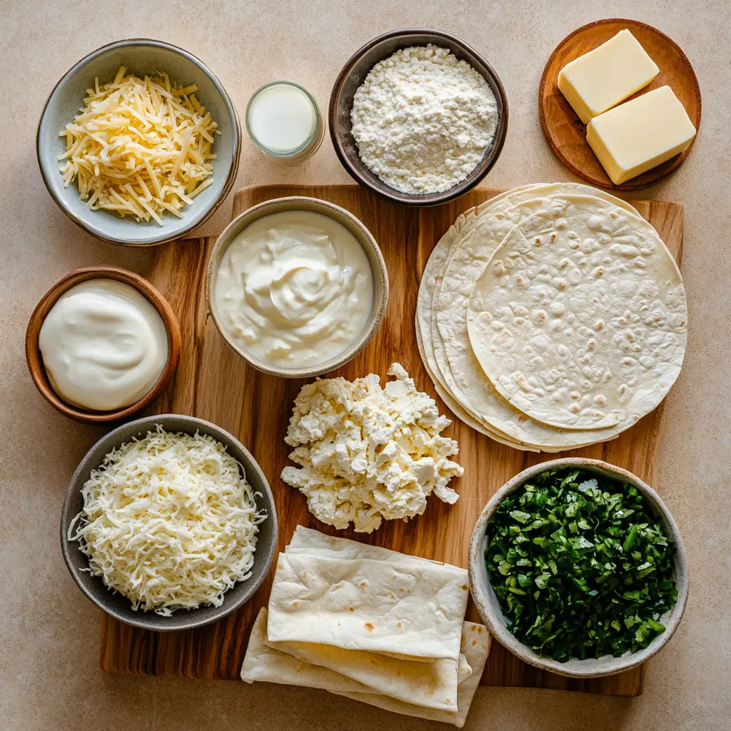 Ingredients layout for Easy Creamy White Chicken Enchiladas including tortillas, shredded chicken, green chiles, and sour cream sauce