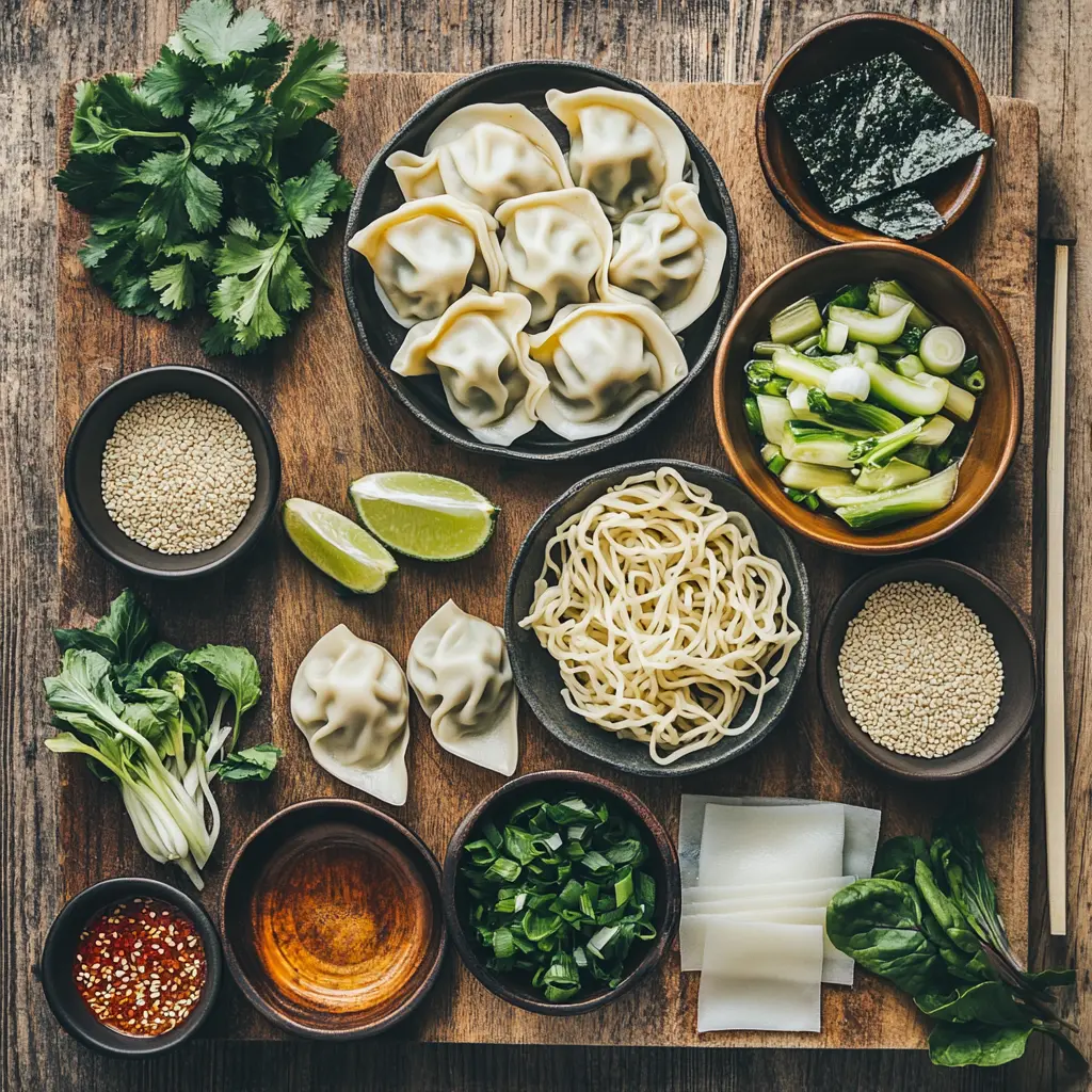 A collage of fresh ingredients for Easy Dumpling Soup: gyoza, bok choy, various noodles, garlic, ginger, cilantro, curry paste, and tahini, artfully arranged for a clean presentation.