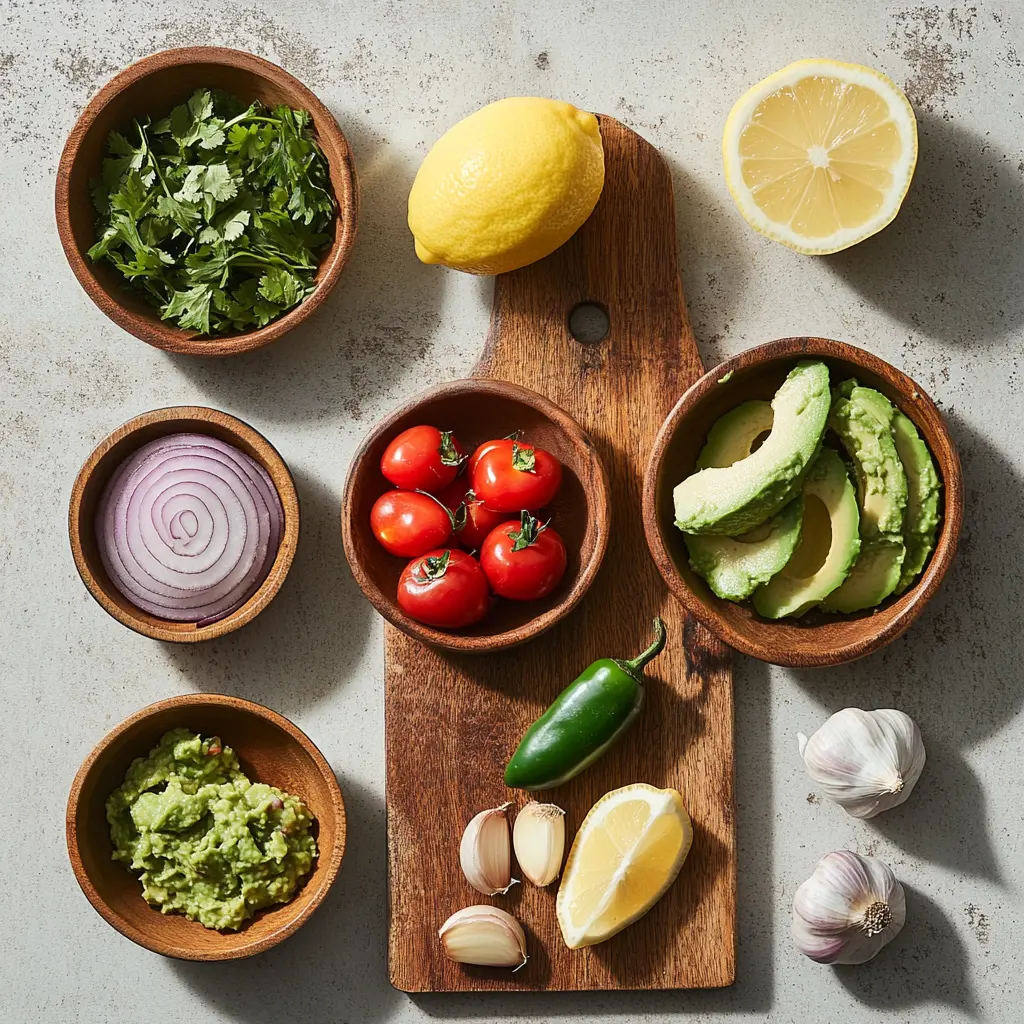 Close-up of fresh ingredients for Easy Fresh Guacamole Recipe, including ripe Hass avocados, red onion, garlic, lime, cilantro, and tomato, artfully arranged on a wooden board.