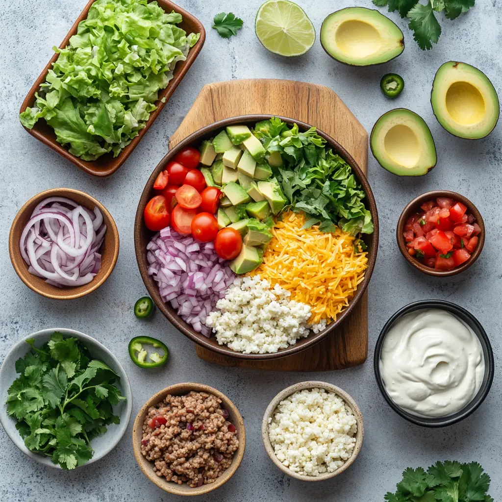 Vibrant Easy Low Carb Burrito Bowl with seasoned ground turkey, fresh avocado slices, chopped tomatoes, crisp lettuce, and golden cauliflower rice, presented in a clean white bowl on a rustic wooden table.