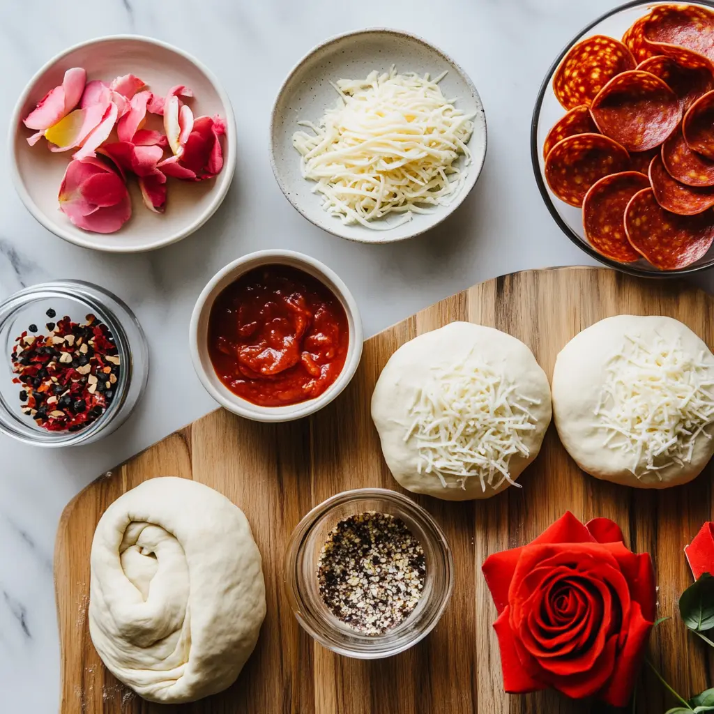 Overhead view of all ingredients for Easy Pizza Roses: a can of refrigerated pizza dough, marinara sauce, sliced mozzarella, and pepperoni, neatly arranged on a rustic wooden board.