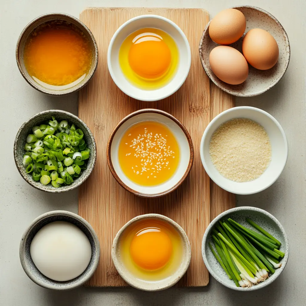 Arrangement of fresh ingredients for Egg Drop Soup: chicken broth, eggs, cornstarch, white pepper, sesame oil, and green onions on a rustic wooden board.