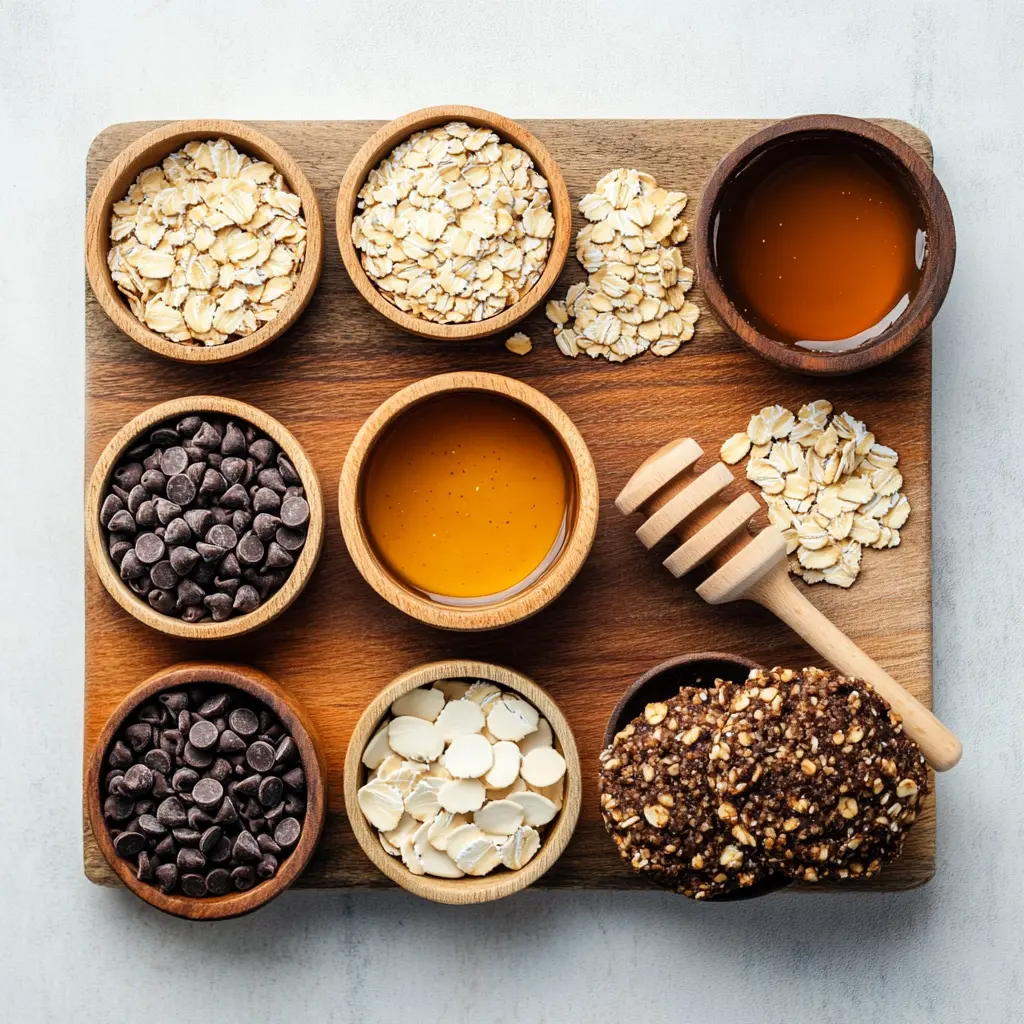Energy Oatmeal Balls: Quick Delicious Healthy Treat 2 A clear flat lay image displaying the key ingredients for Energy Oatmeal Balls: a bowl of quick oats, creamy peanut butter, golden honey, and a scattering of mini chocolate chips, ready for mixing.