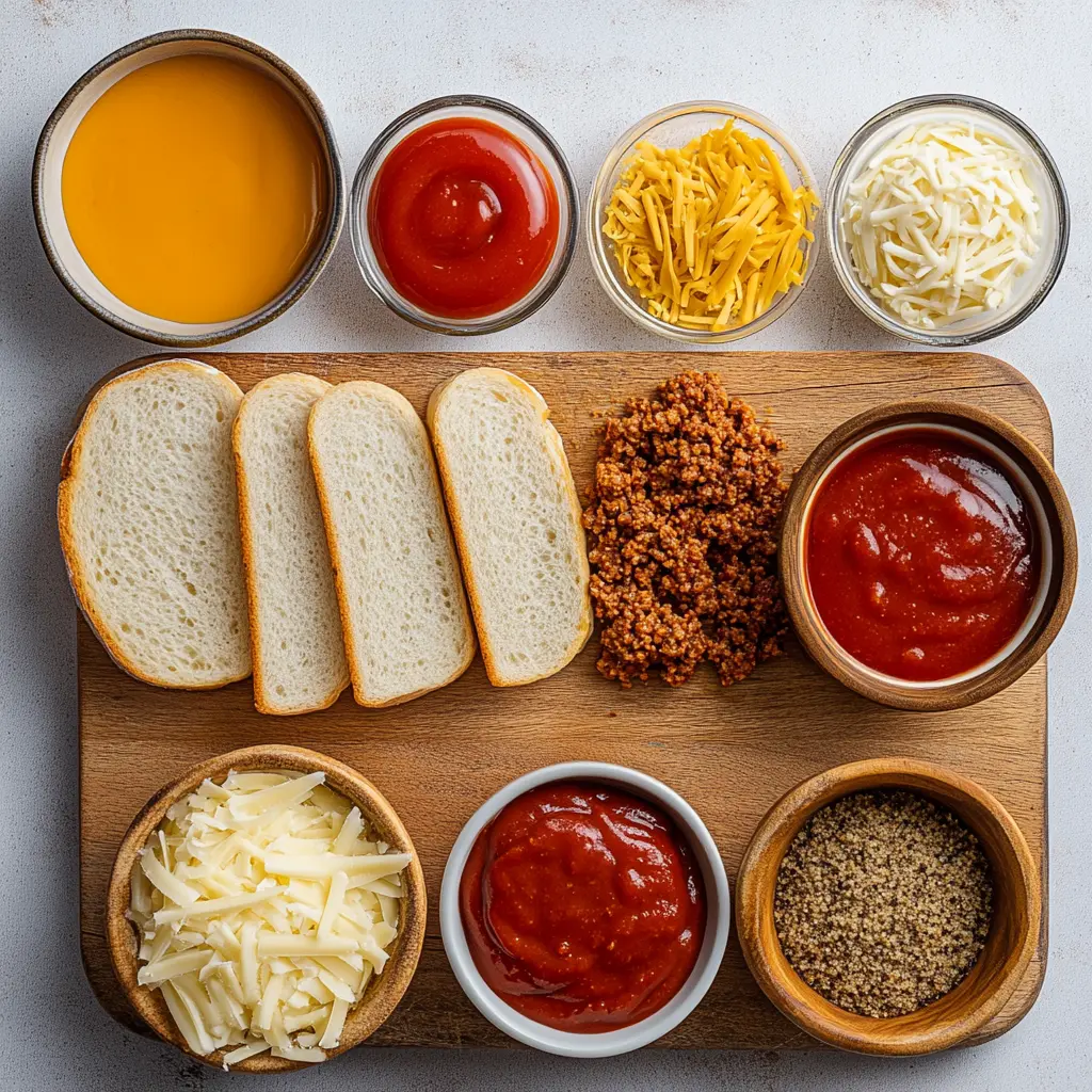 Garlic Bread Sloppy Joes: Irresistibly Easy Comfort Meal 3 Mouthwatering Garlic Bread Sloppy Joes with melted Colby Jack cheese, garnished with fresh parsley, served on a rustic wooden board, ready to eat.