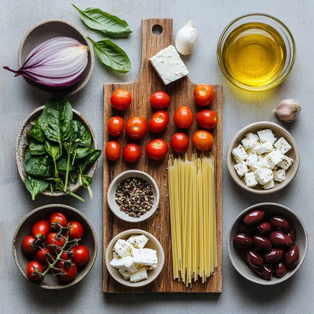 A vibrant bowl of Greek Spaghetti, featuring fresh cherry tomatoes, crumbled feta cheese, Kalamata olives, and fresh basil, ready to serve.