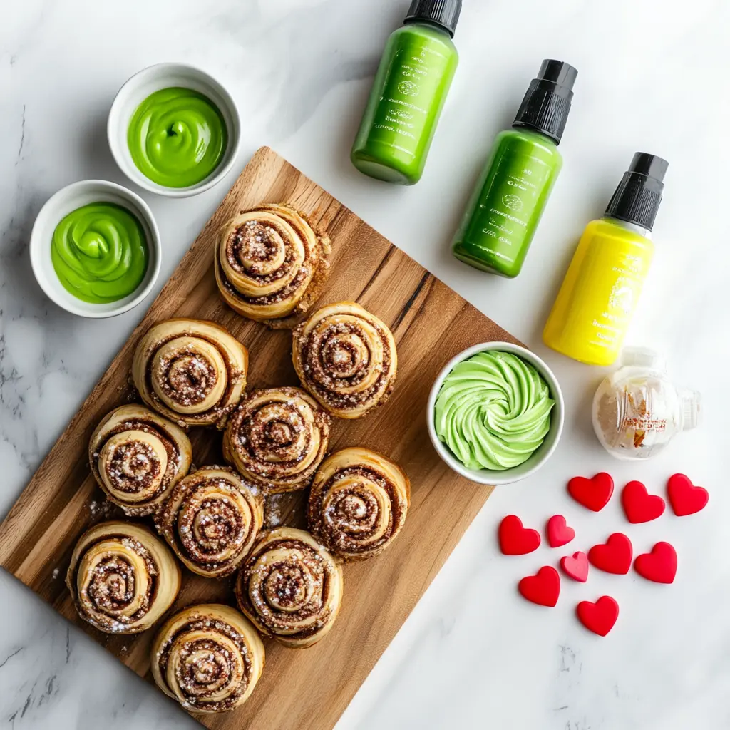 Vibrant Grinch Cinnamon Rolls ingredients laid out, including green frosting, red heart sprinkles, and canned cinnamon roll dough, ready for festive baking.