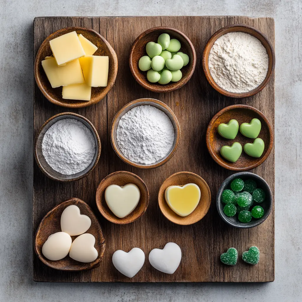 Vibrant green Grinch cookies with a red heart gumdrop on top, resting on a cooling rack, ready for the holidays.