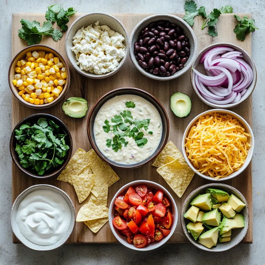 Flat-lay of healthy chicken tortilla soup recipe ingredients including chicken breasts, fire-roasted tomatoes, black beans, corn, and spices