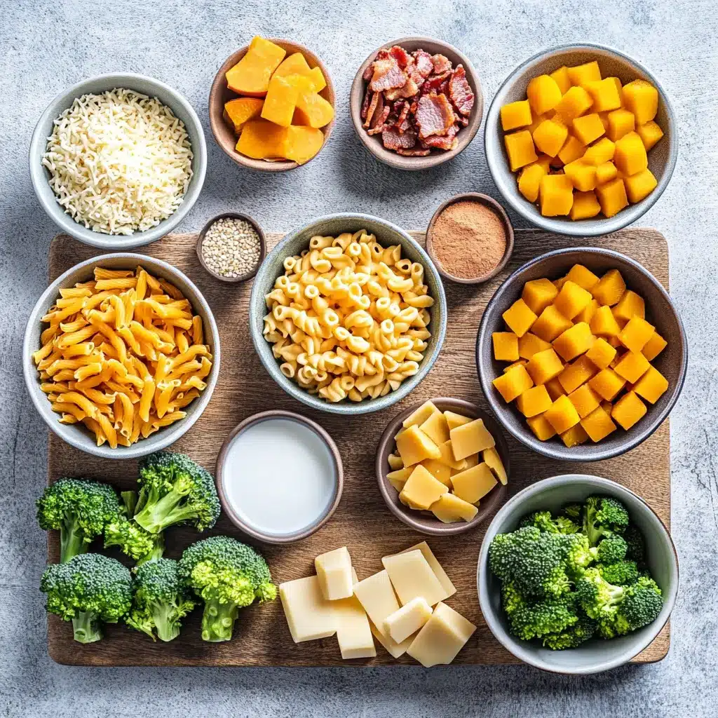 A vibrant display of fresh ingredients for Healthy Mac and Cheese, including butternut squash, whole wheat elbow pasta, and sharp cheddar cheese on a wooden board.