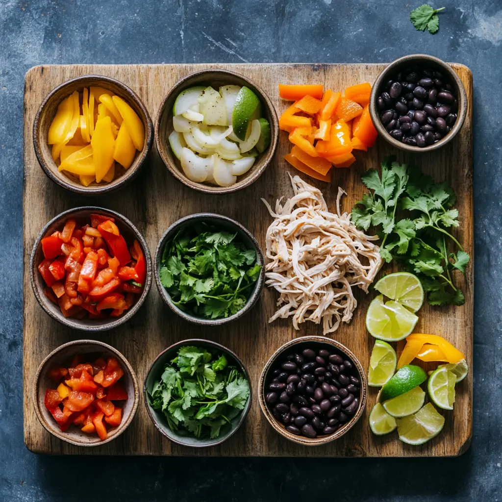 Ingredients for hearty chicken tortilla soup arranged on counter with bowl and vegetables
