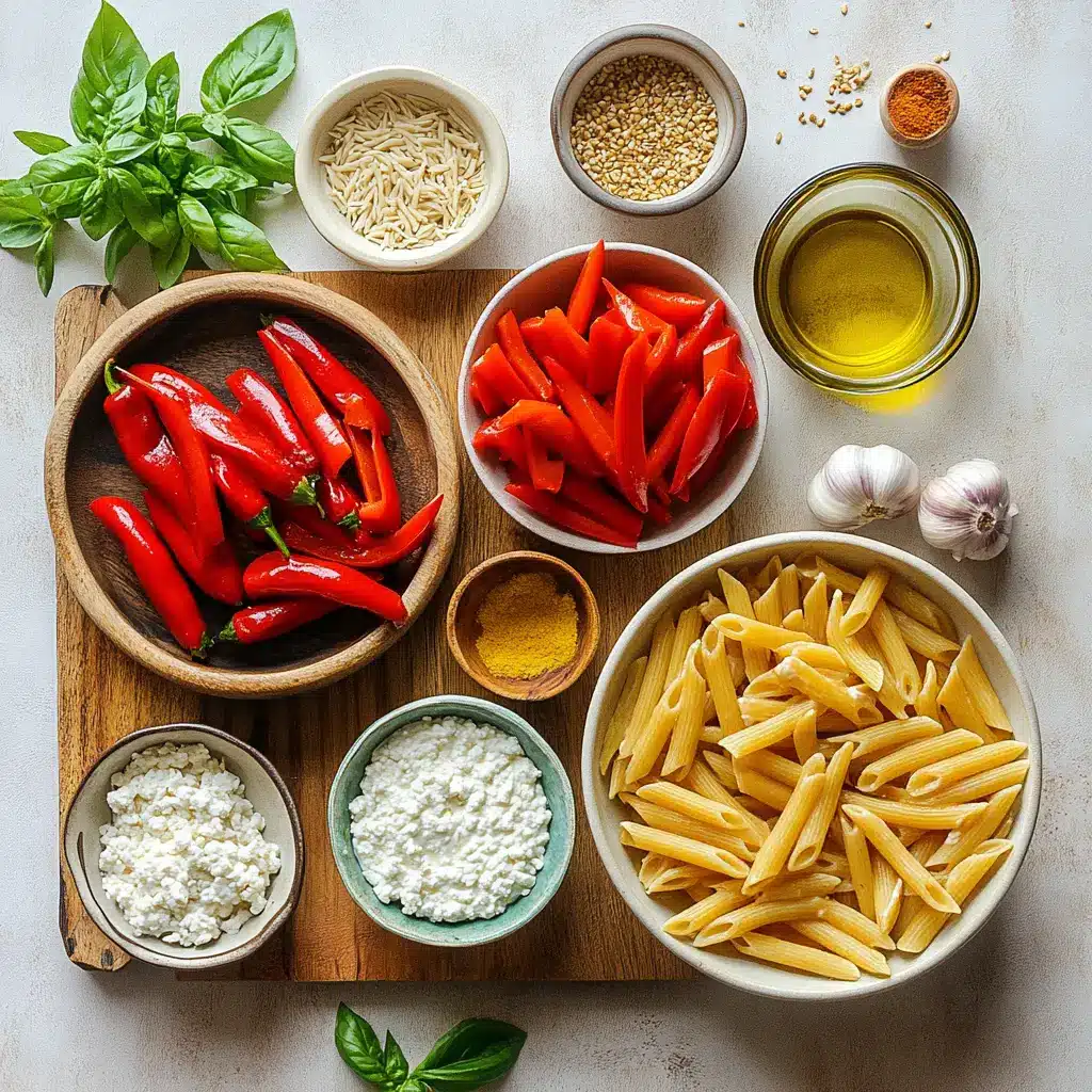 Vibrant High-Protein Creamy Roasted Red Pepper Pasta, garnished with fresh basil, served in a clean bowl
