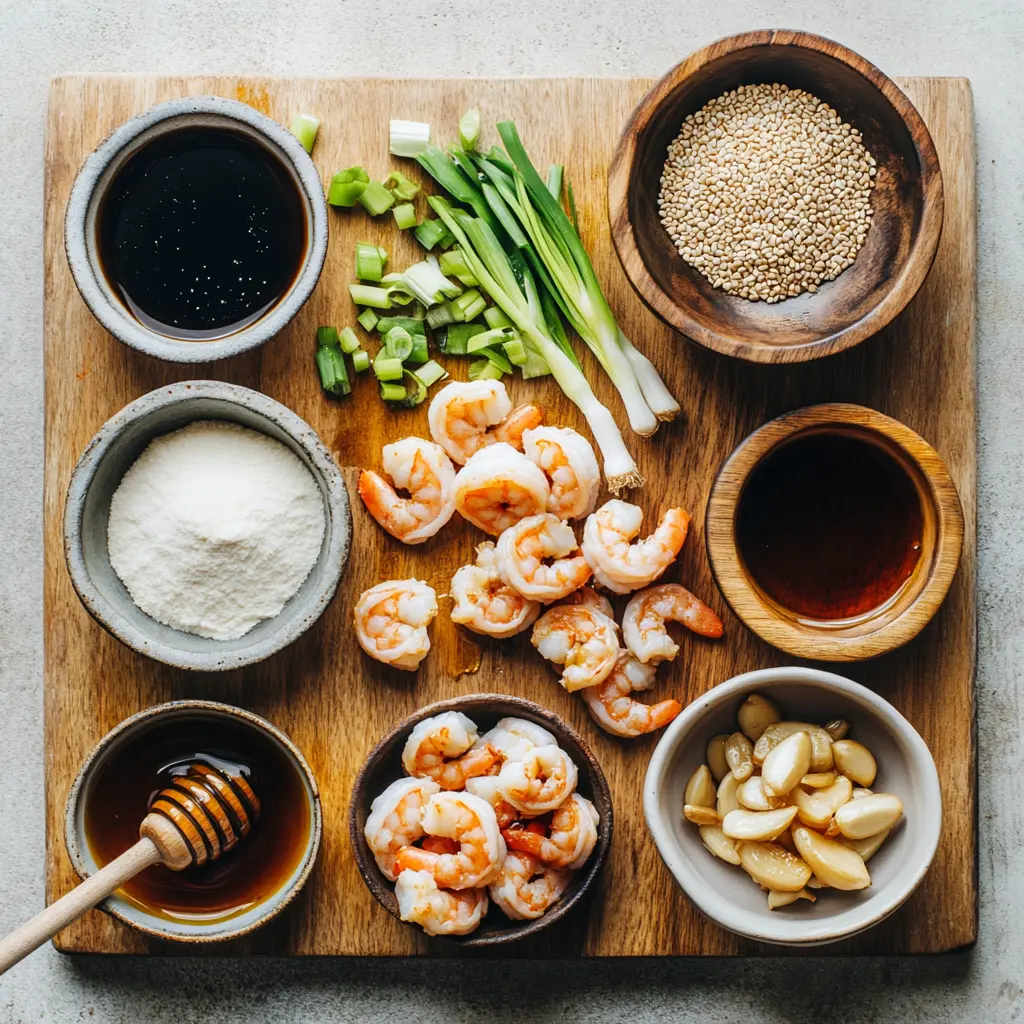 Fresh ingredients for High-Protein Honey Garlic Shrimp laid out: raw shrimp, honey, soy sauce, garlic, and green onions.