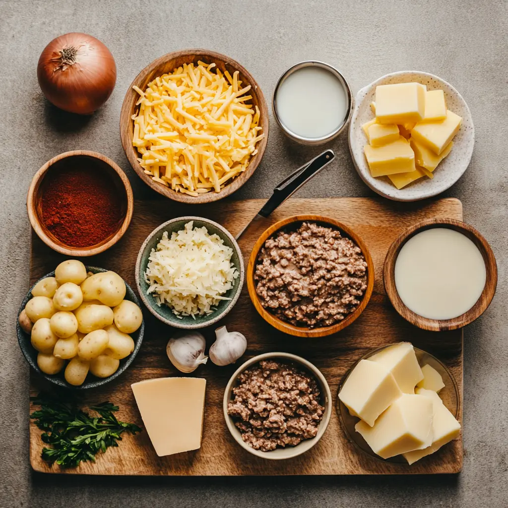 Hobo Casserole: Quick and Delicious Comfort Meal 2 Fresh ingredients laid out for Hobo Casserole preparation, including ground beef, potatoes, cheese, and cream of mushroom soup