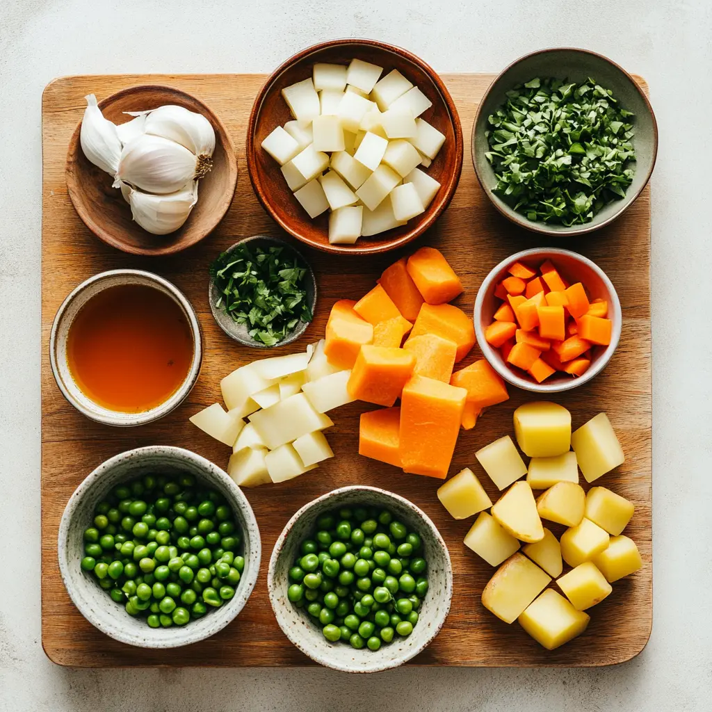 Irish Vegetarian Stew: Cozy and Delicious Recipe Guide 2 Close-up of fresh ingredients for Irish Vegetarian Stew: chopped carrots, potatoes, onion, garlic, herbs, and bell pepper, ready for cooking.