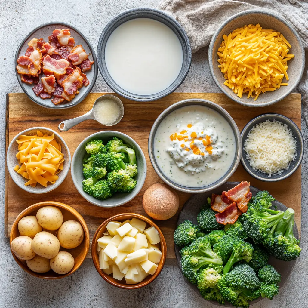 Hearty bowl of Loaded Creamy Broccoli Potato Soup garnished with crispy bacon, melted sharp cheddar cheese, and fresh chives, ready to be enjoyed.