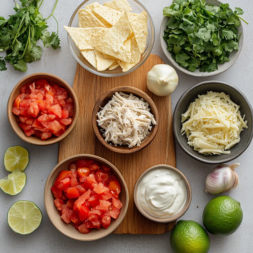 Ingredients for low calorie chicken tortilla soup laid out including chicken breasts, fire-roasted tomatoes, corn tortillas, lime, cilantro and spices
