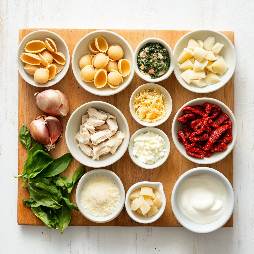 Marry Me Chicken Soup: Easy Comforting Recipe to Love 2 Vibrant ingredients for Marry Me Chicken Soup laid out, including chicken, sun-dried tomatoes, fresh basil, cream, Parmesan, and pasta shells