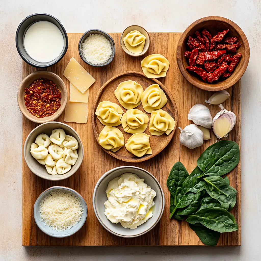 A vibrant skillet of creamy Marry Me Tortellini with sun-dried tomatoes, spinach, and Parmesan, garnished with fresh basil.
