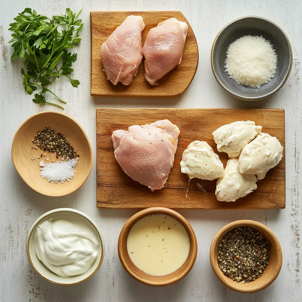 Melt In Your Mouth Chicken Breast Recipe for Irresistible Flavor 2 Ingredients assembled for Melt In Your Mouth Chicken Breast Recipe including sour cream, Parmesan, and seasonings
