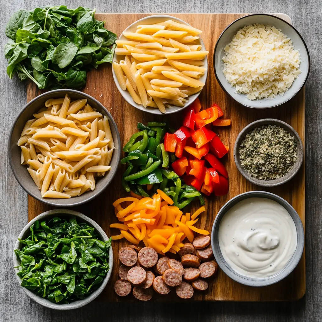 Close-up of ingredients for One Pot Creamy Cajun Sausage Pasta: sliced smoked sausage, penne pasta, bell peppers, onion, heavy cream, and seasonings laid out on a rustic surface.