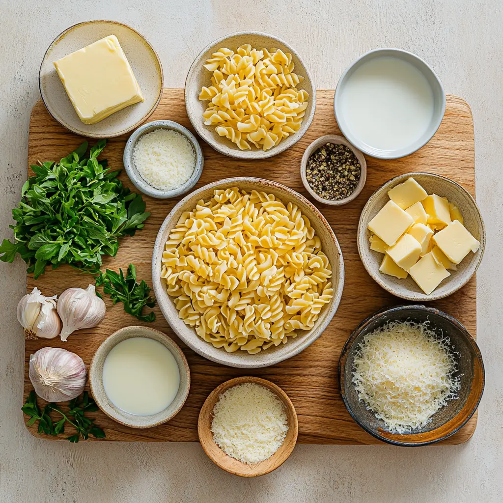 A close-up of steaming one-pot creamy garlic pasta in a white bowl, garnished with fresh parsley and a sprinkle of Parmesan.